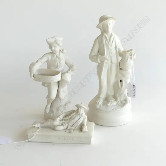 3 VICTORIAN PARIAN WARE FIGURES; MAN w. PITCHER H.230mm, MAN w. BASKET, 'OLD MORTALITY' W.125mm AF