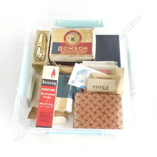 BOX LOT ASST. RONSON LIGHTER ACCESSORIES; PACKAGING, PAMPLETS