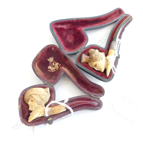 2 CASED MEERSCHAUM PIPES LADY PROFILES 110&90MM