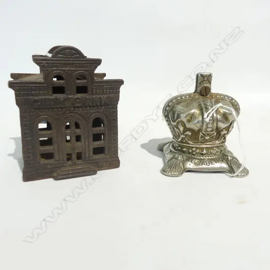 2 CAST IRON MONEY BOXES CITY BANK & CORONATION CROWN  H100 & 80MM