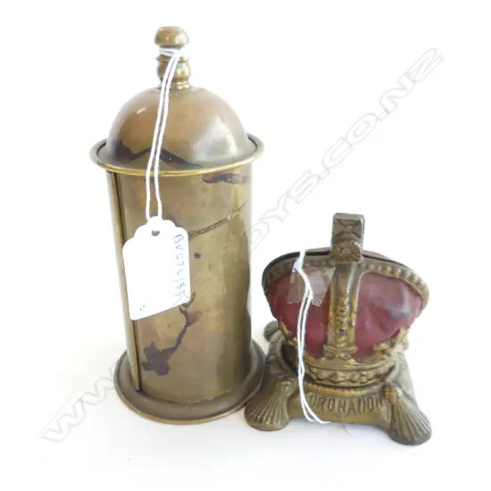 2 VINTAGE MONEY BOXES BRASS POST BOX & CORONATION CROWN