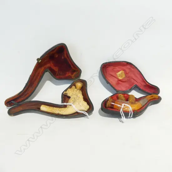 2 CASED MEERCHAUM PIPES OWLS & LADY NO MOUTH PC 110 & 130 MM