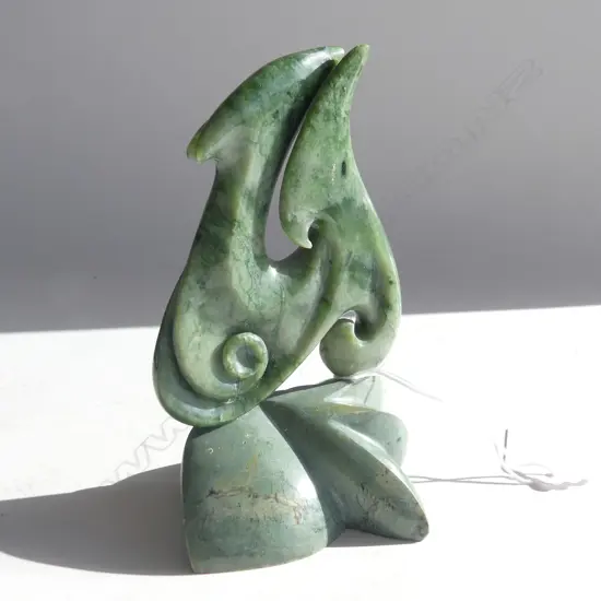 NZ GREENSTONE HOOK ON BASED- CARVED BY ADEN HOGLUND, HOKITIKA H 115MM