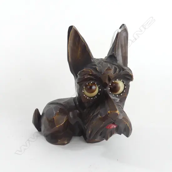 1930'S GERMAN CARVED WOOD DOG CLOCK w. MOVING EYES INDICATING THE TIME