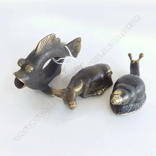 3 BRONZE PCS; SNAIL (L100MM), FISH (L100MM)  & BULLOCK (L95MM)