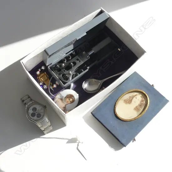 BOX LOT JEWELLERY, PORTRAIT ETC