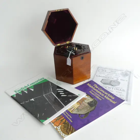 LACHENAL & CO. ENGLISH CONCERTINA 48 KEY IN ORIG. MAHOGANY CASE + 2 HANDBOOKS