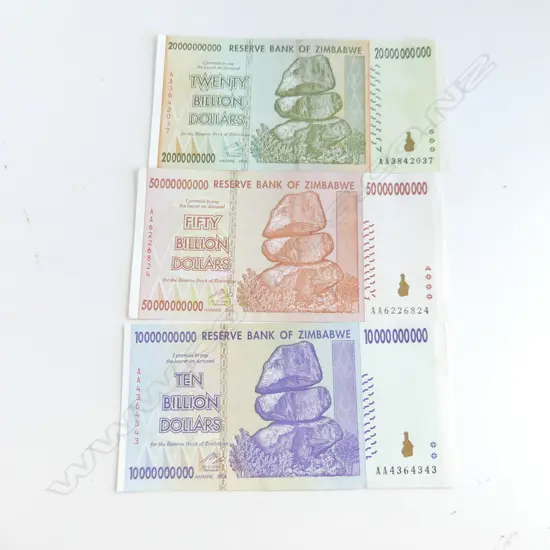 3 ZIMBABWE BANK NOTES;10, 20 & 50 BILLION