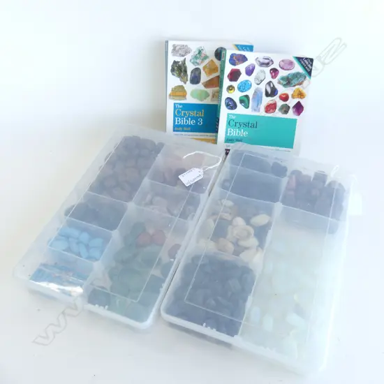 2 TRAYS ASST. POLISHED STONES + 2 BOOKS; JUDY HALL CRYSTAL BIBLE 1 & 3