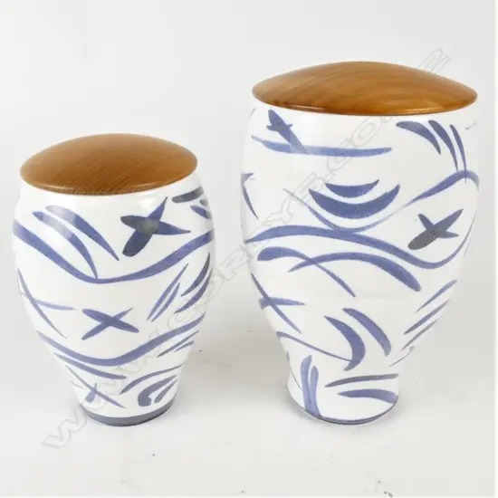 ANNEKE BORREN, 2 BLUE ON WHITE PORCELAIN POTS  W turned kauri lids
