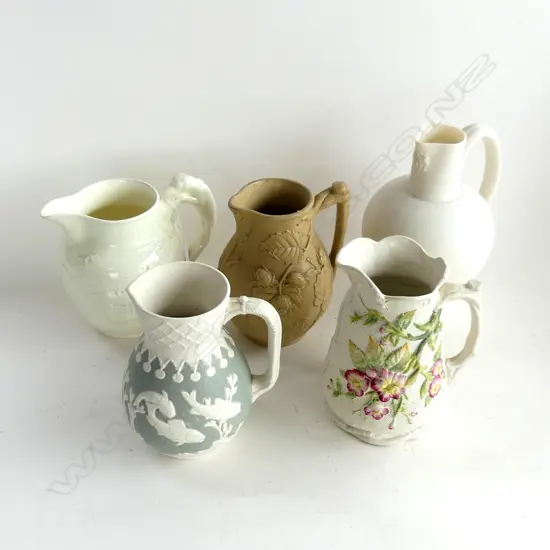 5 ASST. JUGS; 4 LATE 19thC PARIAN + WEDGWOOD HUNT JUG