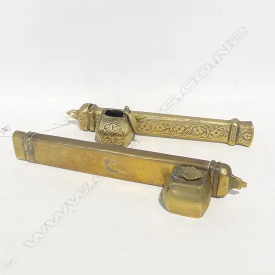   2 BRASS CALLIGRAPHY INK POTS & QUILLS