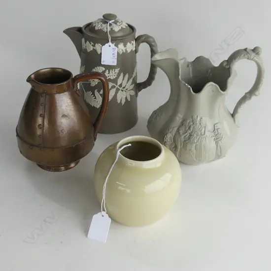 4 CERAMICS; DOULTON LAMBETH FAUX COPPER JUG, BROWN JASPARWARE COFFEE POT, GREY SPODE PARIAN JUG, BULLERS GINGER JAR