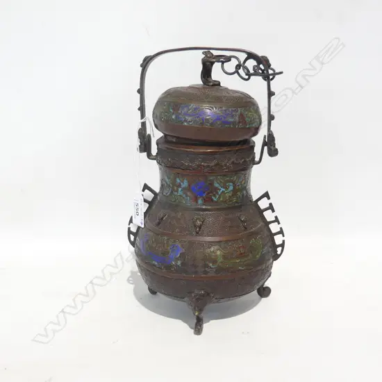 ORIENTAL BRASS LIDDED POT WITH CLOISONNE BANDS H. 270MM