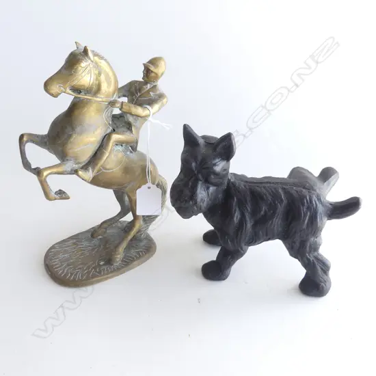 CAST IRON PEEING SCOTTIE DOG + BRASS MAN ON HORSE H.210mm