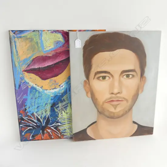 2 ARTIST UNKNOWN ACRYLICS ON CANVAS - MALE PORTRAIT & ABSTRACT 510x410mm