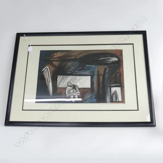 SIGNED DARK PASTEL INTERIOR SCENE 350x535mm