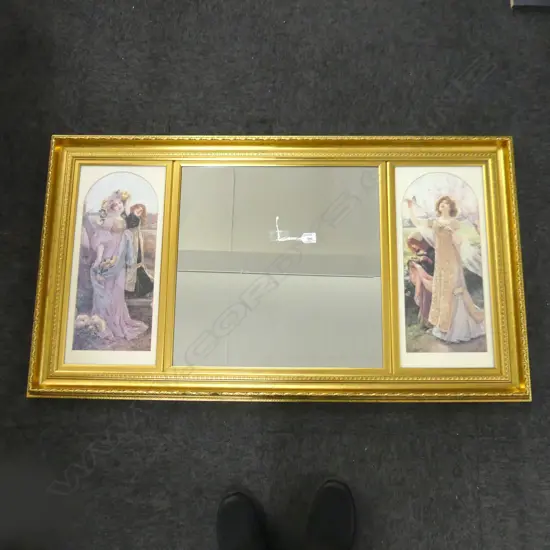 GOLD FRAMED MIRROR w. EDWARDIAN STYLE PRINTS 655x1175mm