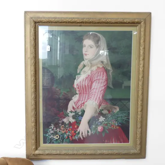 ANTIQUE PRINT; WOMAN w. FLOWER BASKET IN GOLD FRAME 750x580mm