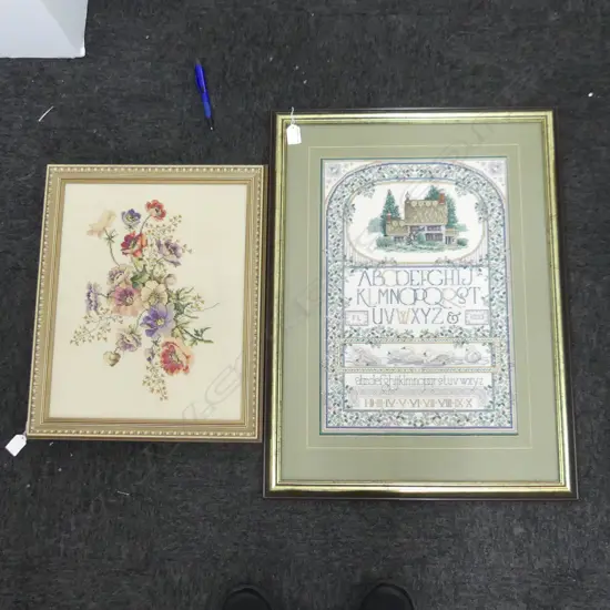 2 FRAMED NEEDLEWORKS; ALPHABET 500x335mm / FLORAL 335x425mm