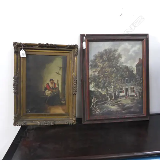 2 DUTCH STYLE OILS; WOMAN SPINNING WOOL 300x205mm + EXTERIOR HOUSE SCENE 390x285mm