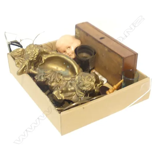 BOX LOT GOLD CHERUB WALL DECOR, OLD GLASSES ETC