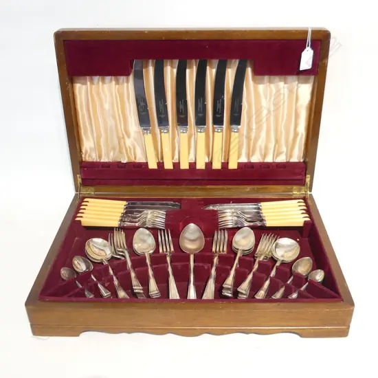 VINTAGE CUTLERY CANTEEN w. IVORINE 'BONE' HANDLED KNIVES