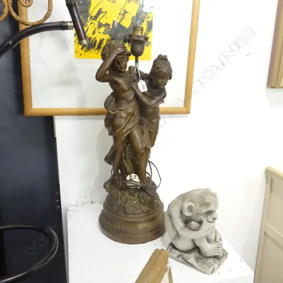 LGE EARLY 20thC PLASTER FIGURAL LAMP DEPICTS TWO CHILDREN 'LA SENTIER DE PURDUE' AFTER MORREAU - SOME DAMAGE H.680mm