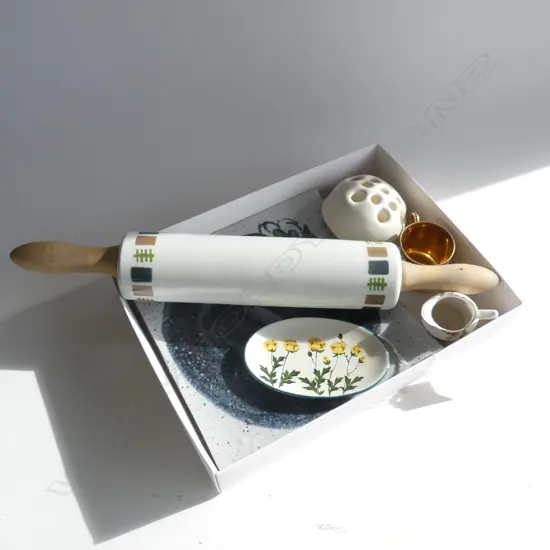 BOX OF WEMYSS DISH. ROLLING PIN. CAT PLATE. DERBY MINI JUG ETC