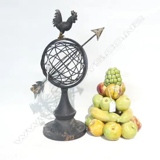 VINTAGE SECLA PORTUGAL MAJOLICA FRUIT TREE H.250mm + BLACK PAINTED METAL ORB w ARROW H.420mm