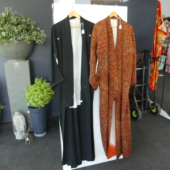 2 SILK KIMONOS, 1 BLACK WITH DIAMONDS, 1 WITH AUTUMN FLORAL