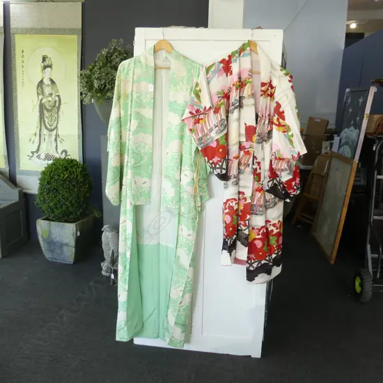 2 KIMONOS, 1 GREEN SILK & 1 SHORT LENGTH FLORAL