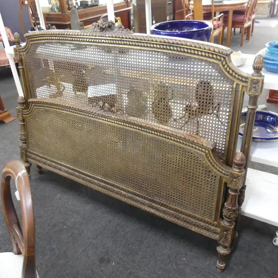 VINTAGE CARVED WOODEN & RATTAN DOUBLE HEAD & END