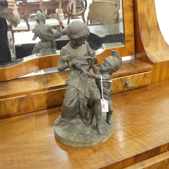 VICTORIAN SPELTER FIGURINE; 2 CHILDREN IN CLASSICAL DRESS H.280mm (dolls foot AF)