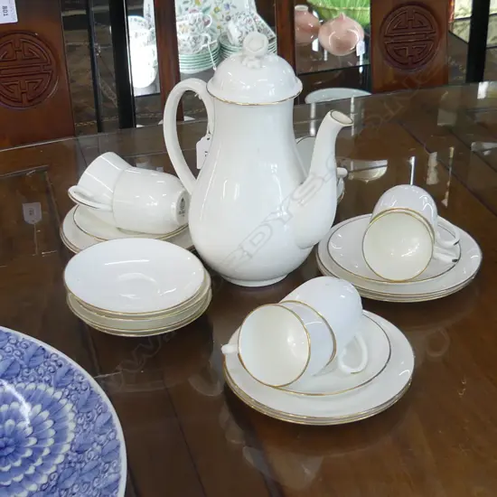 ROYAL WORCESTER 'STRATHMORE' WHITE COFFEE SET; 8 TRIOS & POT H.230mm
