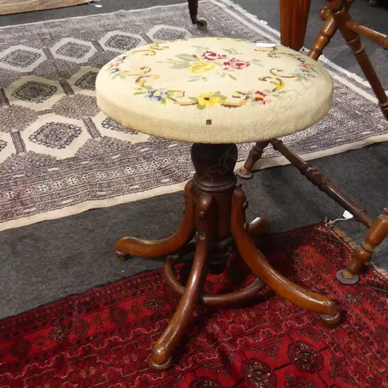 ANTIQUE SCREW TOP STOOL w. NEEDLEWORK SEAT H.500mm 430mm dia