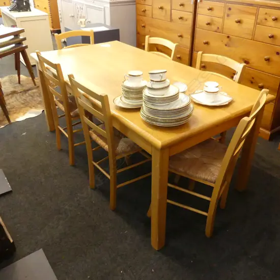 LG BLONDE PINE DINING TABLE L. 1780 X 900MM + 6 CHAIRS WITH RUSH SEATS