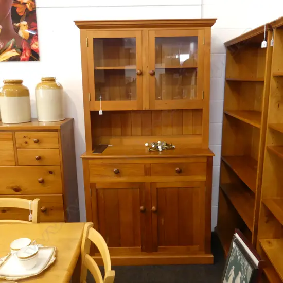 WOODEN DRESSER; 2 GLASS FRONTED CUPBOARDS AT TOP H. 1940 W 1020MM