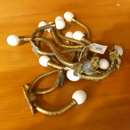 7 VINTAGE GOLD METAL & CERAMIC WALL HOOKS H.170mm 