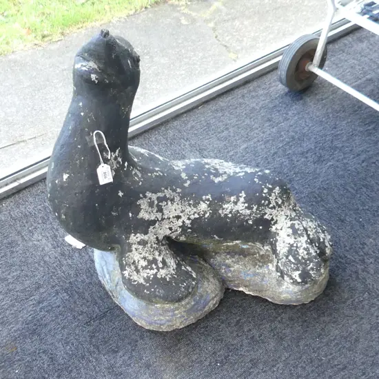 VINTAGE CONCRETE 'SAMMY' THE SEAL GARDEN STATUE PAINT DISTRESSED H.560mm