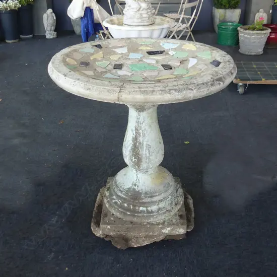 LGE VINTAGE CONCRETE BIRD BATH w. MOSAIC BOWL 740mm dia
