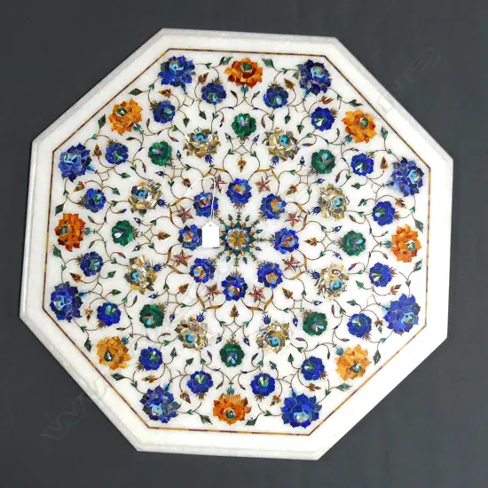 OCTAGONAL MARBLE TABLE TOP w. SEMI PRECIOUS STONE & MoP INLAY 615mm dia