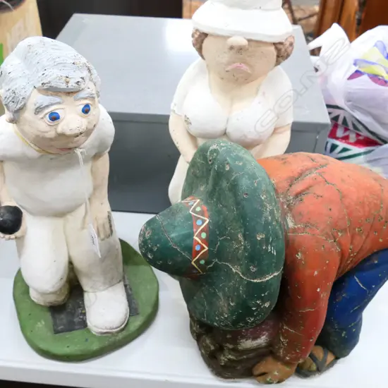 3 NOVELTY CONCRETE GARDEN FIGURES H.300 - 420MM 