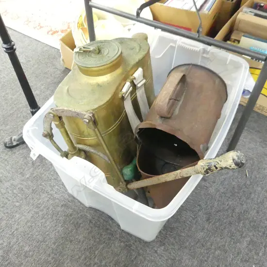 BOX LOT VINTAGE GOLD METAL BACK PACK GARDEN WEED SPRAYER + OIL CANS, IRONS ETC