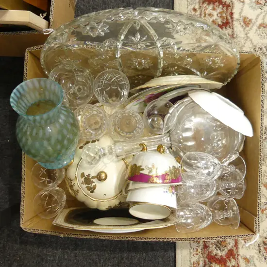 BOX LOT ASST. CRYSTAL GLASSES / DECANTER, CHINA ETC