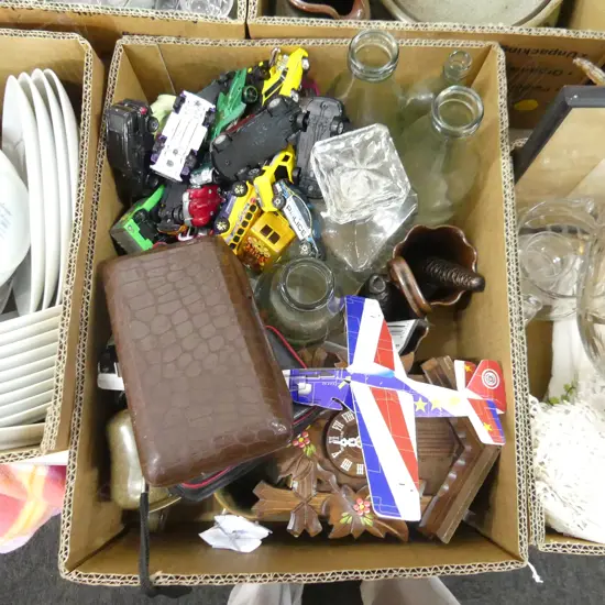 BOX LOT, POTTERY, BOTTLES, CUCKOO CLOCK, MODEL CARS ETC