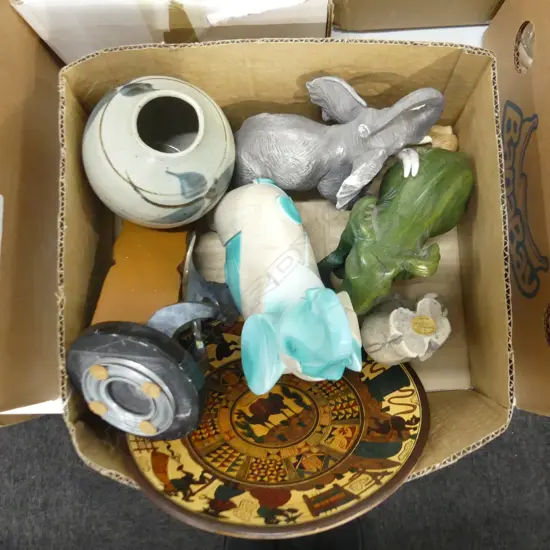 BOX LOT ASST. ELEPHANT ORNAMENTS ETC