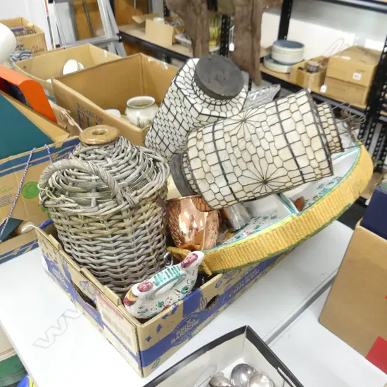 BOX LOT PLATTER, EYEWEAR BOOK, PR LANTERNS, COPPER MUGS, CROCK ETC