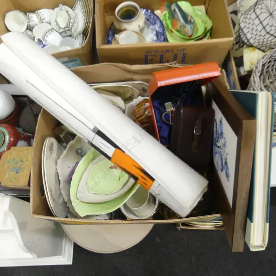 BOX LOT ASST. CHINA, LINENS, EMBROIDERY ARTWORK ETC