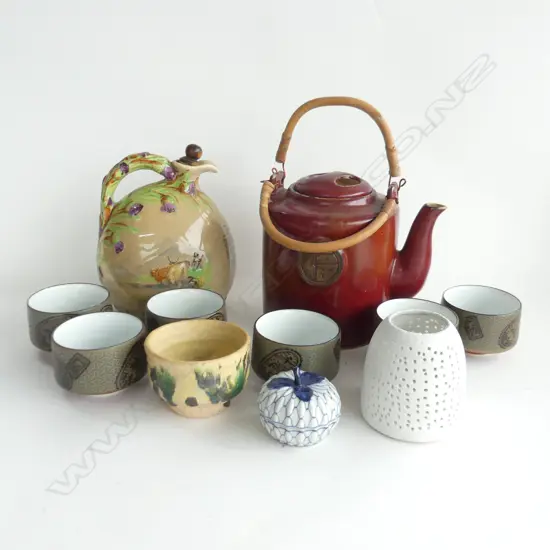 BOX ASST INCL JAPANESE TEA CUPS, LG JAPANESE TEAPOT, MUSICAL WHISKY DECANTER ETC